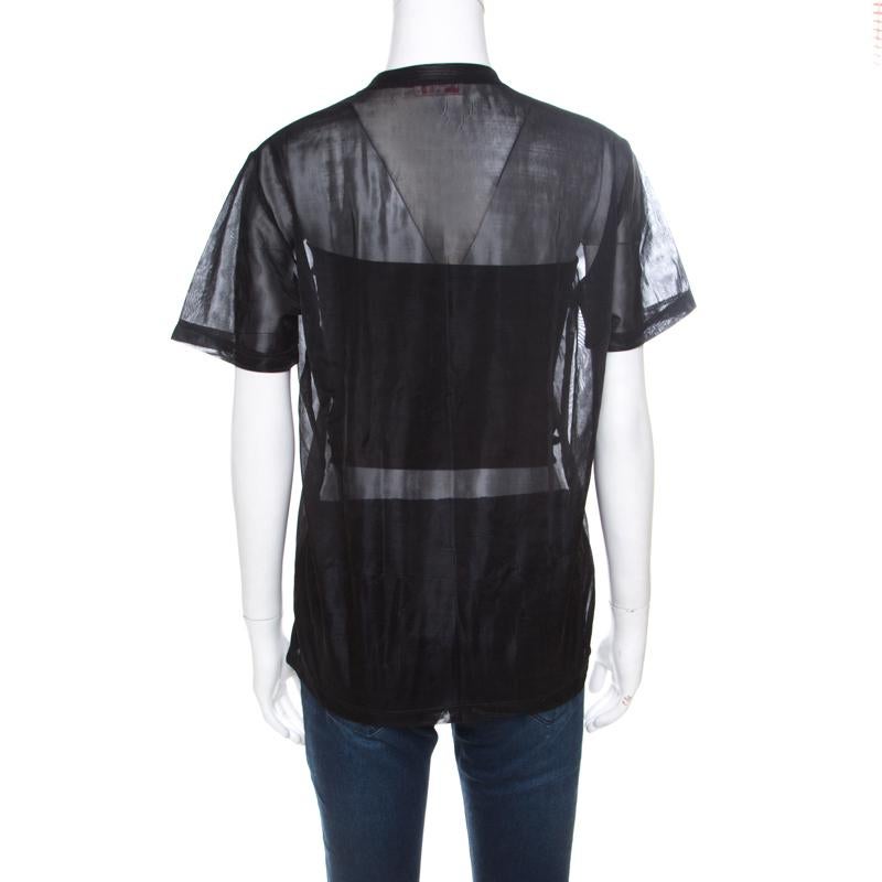 Noir Prada Sport - Haut à manches courtes en maille transparente et maille noire, taille XS en vente