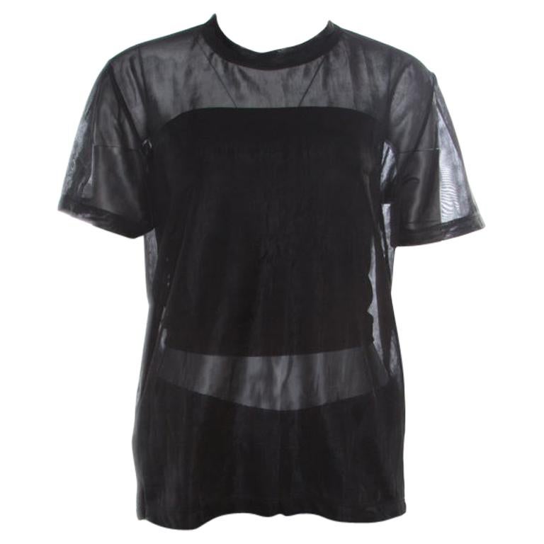 Prada Sport Black Knit Mesh Sheer Short Sleeve Top XS For Sale