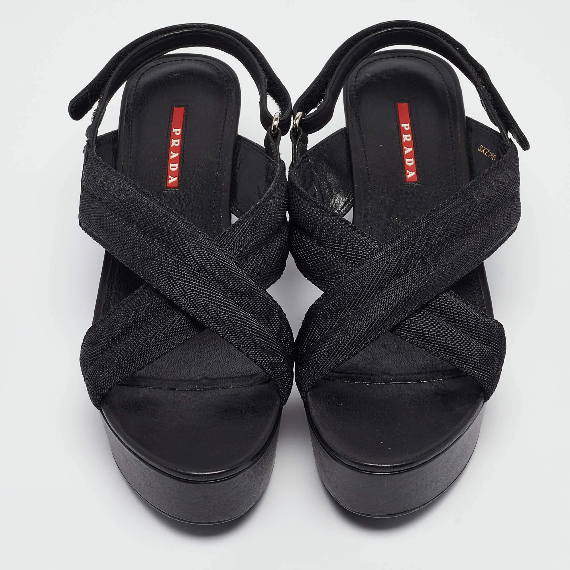 Prada Sport Black Leather and Canvas Strap Wedge Sandals Size 40 In Good Condition In Dubai, Al Qouz 2