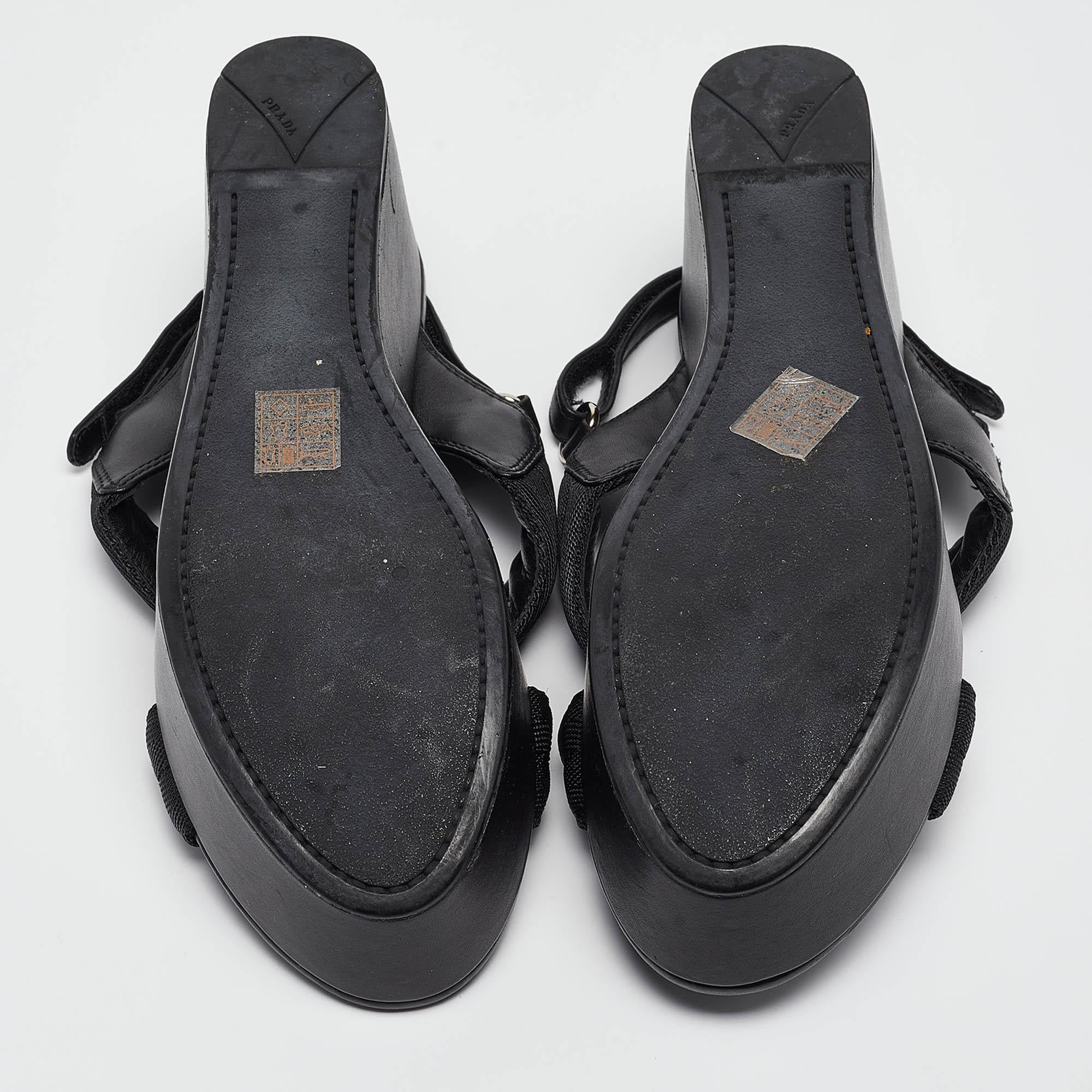 Prada Sport Black Leather and Canvas Strap Wedge Sandals Size 40 2
