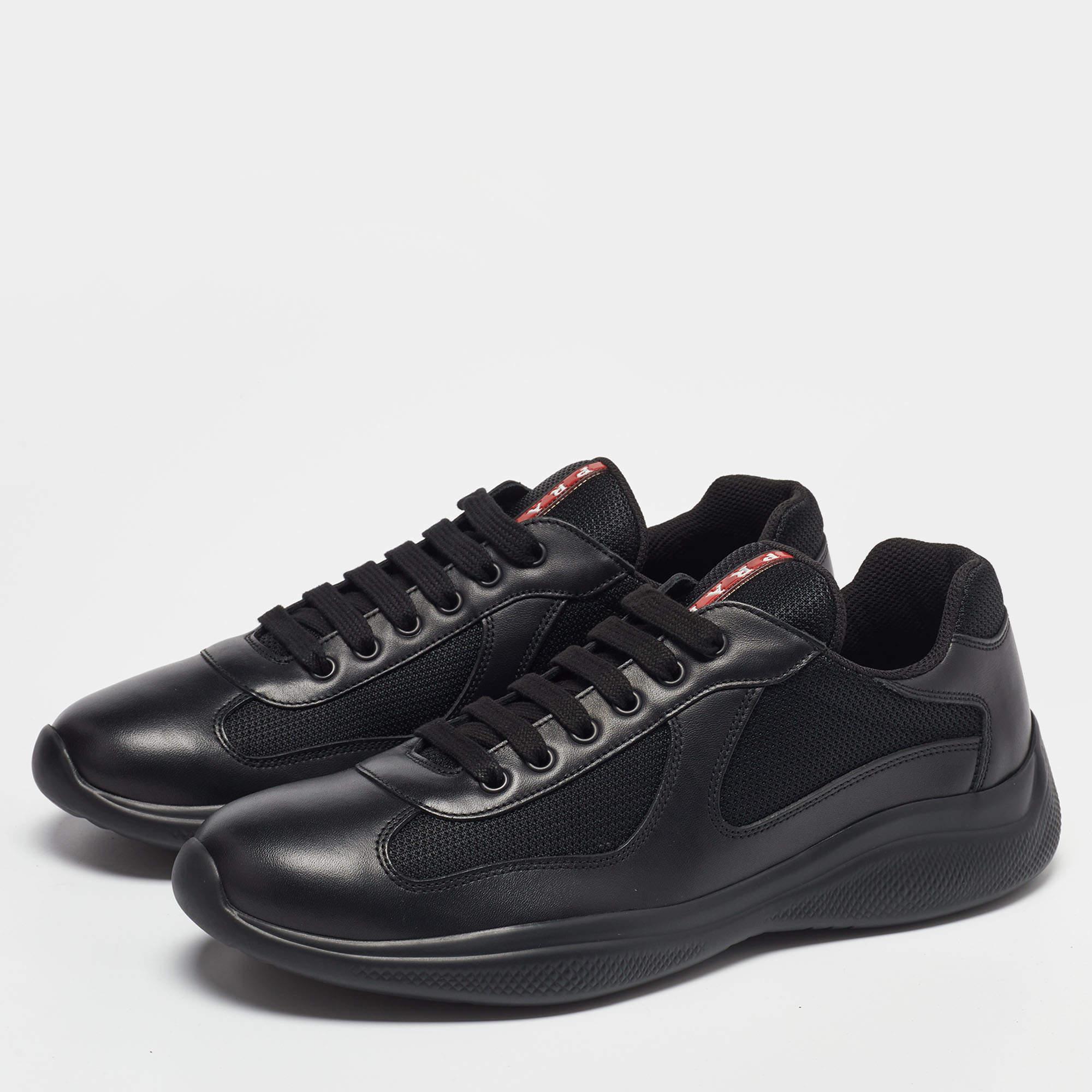 Men's Prada Sport Black Leather and Mesh America's Cup Lace Up Sneakers Size 44 1/3