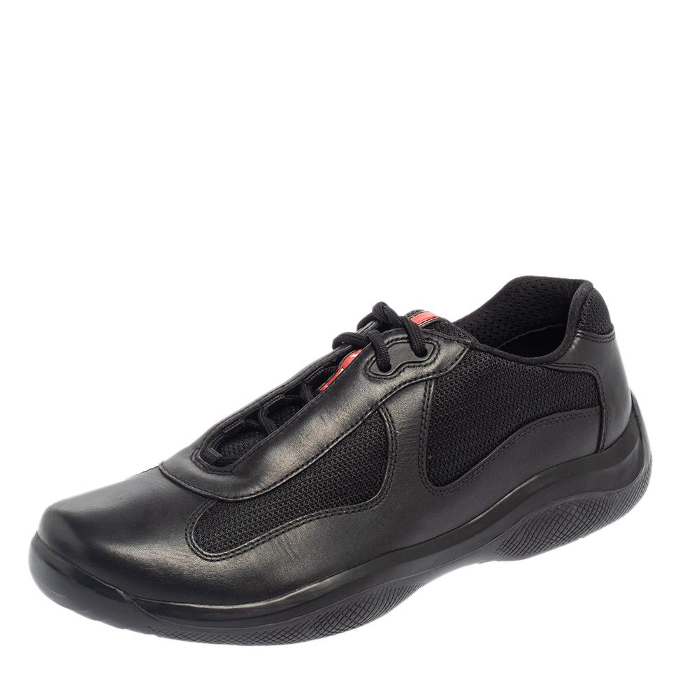These sneakers from the house of Prada Sport are perfect for those adventure trips or excursions. It features a black leather body accented with mesh panels. Complete with lace-ups, this pair is a must-have for your casual closet.

