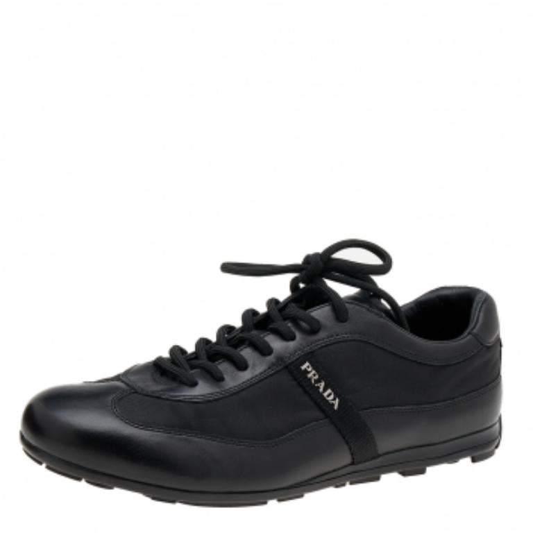 Prada Sport Black Leather And Nylon Low Top Sneakers Size 41.5 For Sale 1