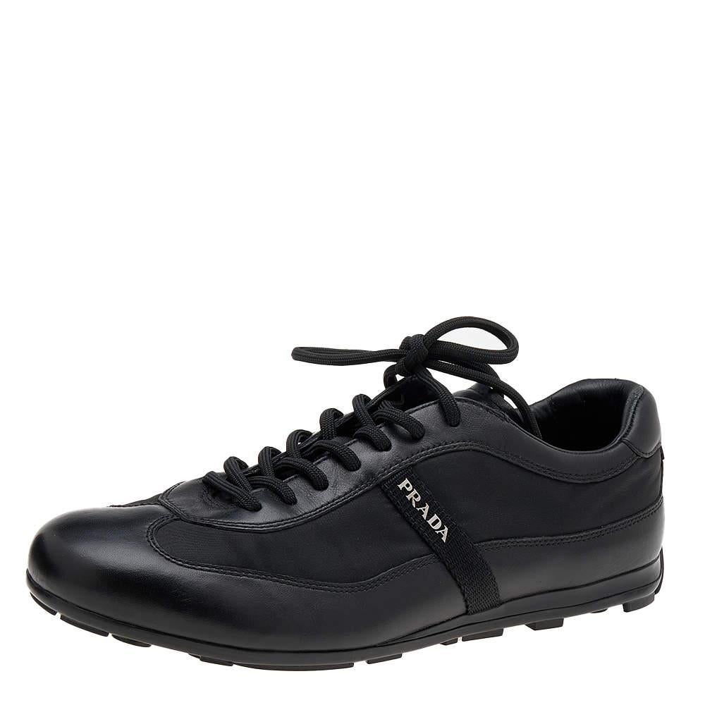 Prada Sport Black Leather And Nylon Low Top Sneakers Size 41.5 For Sale 4