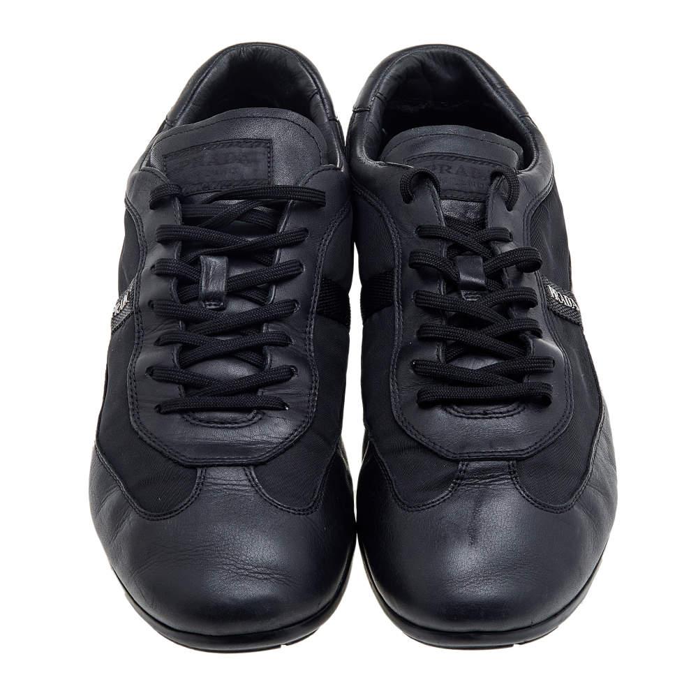Men's Prada Sport Black Leather And Nylon Low Top Sneakers Size 44 For Sale