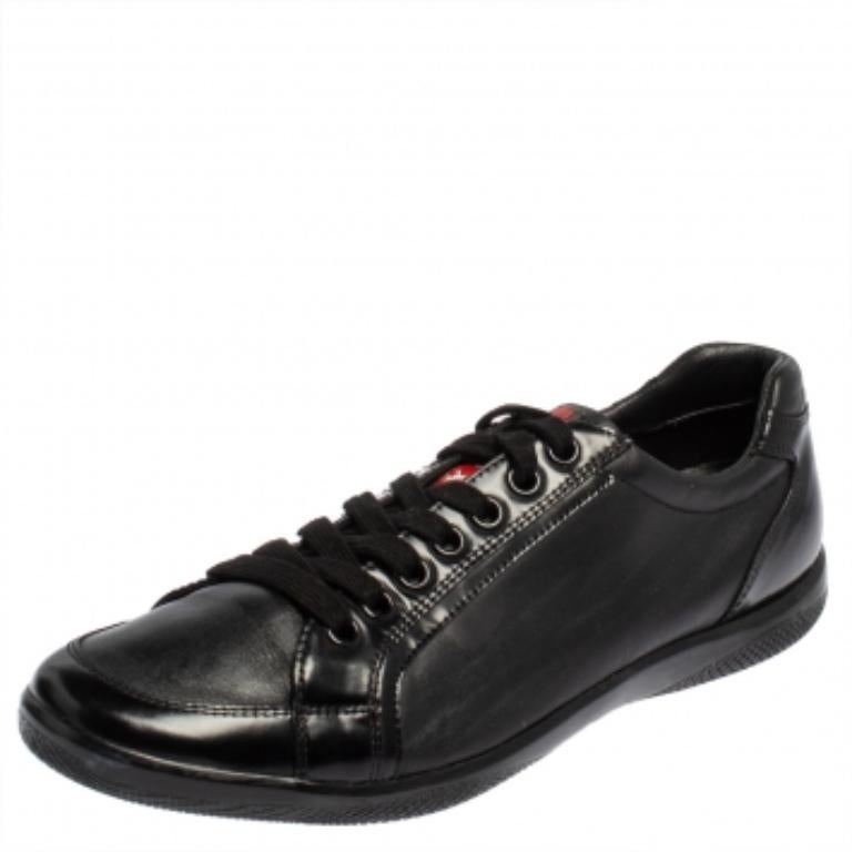 Prada Sport Black Leather And Patent Lace Up Sneakers Size 41 In Fair Condition For Sale In Dubai, Al Qouz 2