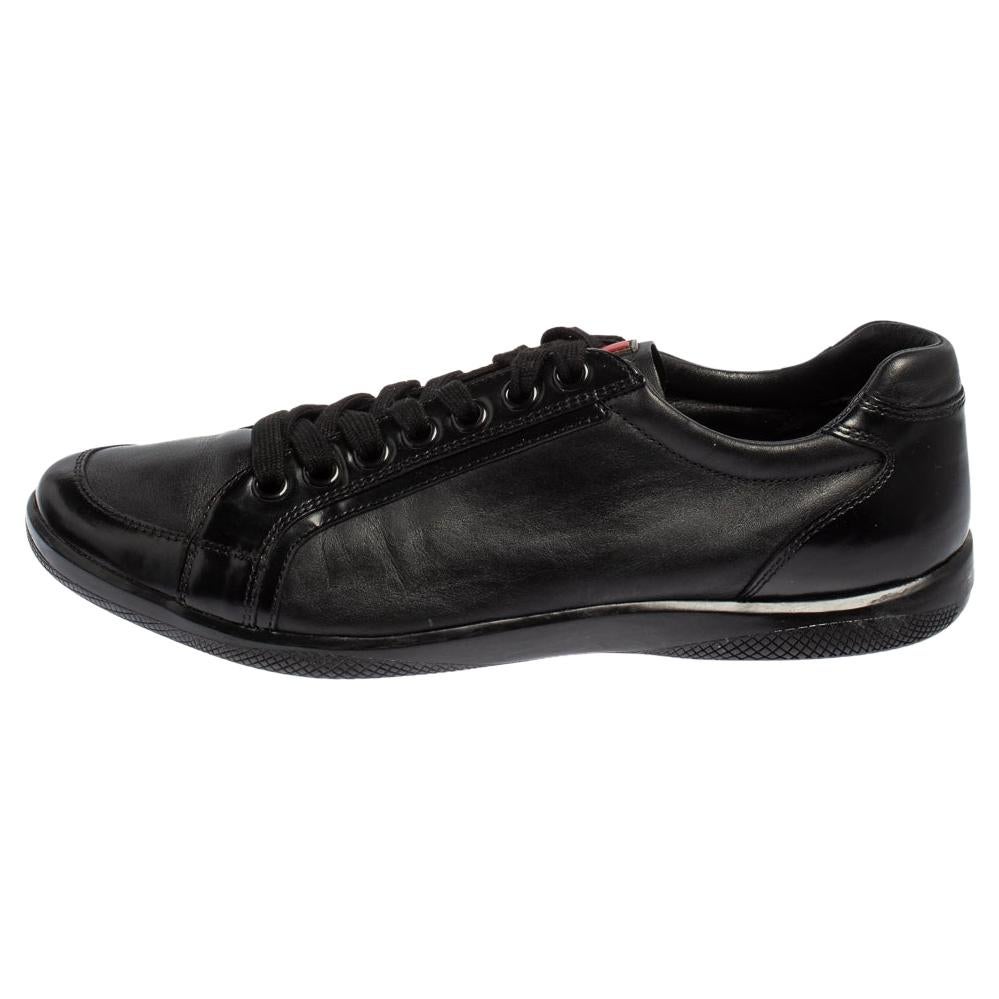 Prada Sport Black Leather And Patent Lace Up Sneakers Size 41 For Sale