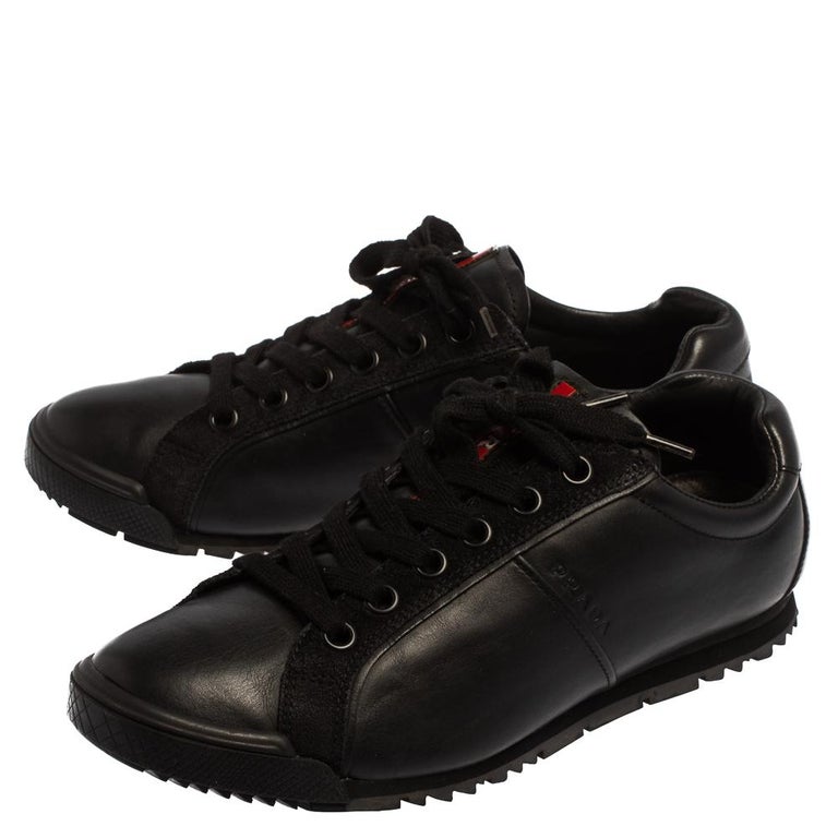 Prada Sport Black Leather And Suede Low Top Sneakers Size 40.5 at 1stDibs