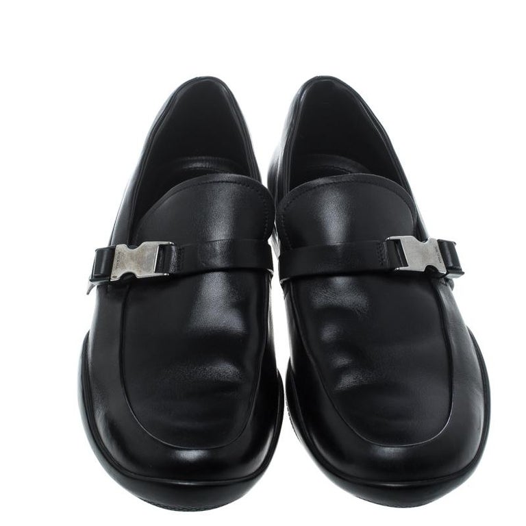 Prada Sport Black Leather Buckle Detail Loafers Size 43 For Sale at 1stDibs
