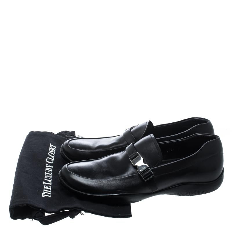 Prada Sport Black Leather Buckle Detail Loafers Size 43 1