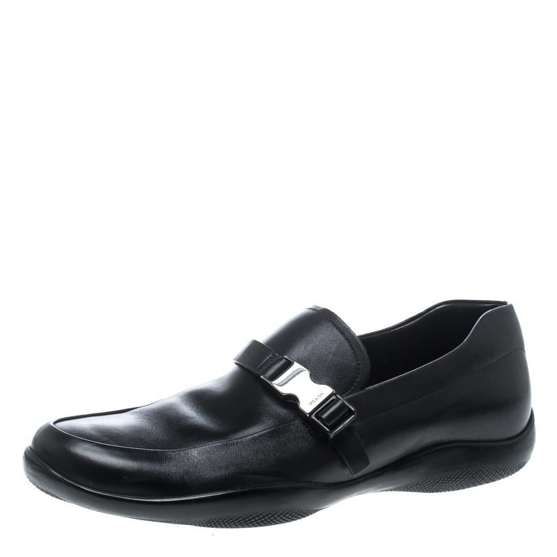 Prada Sport Black Leather Buckle Detail Loafers Size 43 2