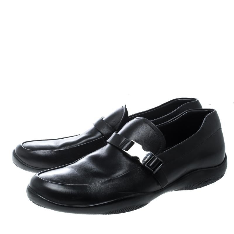 Prada Sport Black Leather Buckle Detail Loafers Size 43 4