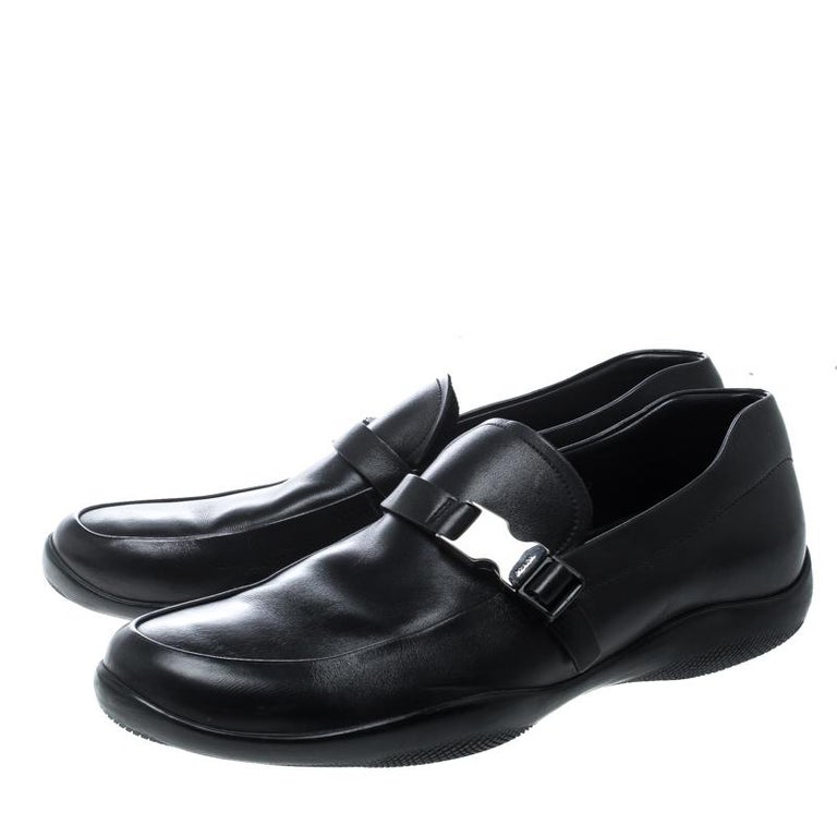 Prada Sport Black Leather Buckle Detail Loafers Size 43 For Sale at 1stDibs