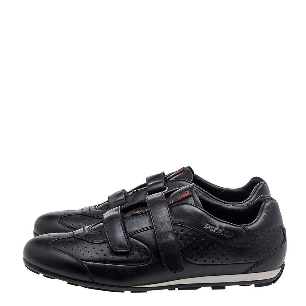 Prada Sport Black Leather Double Velcro Strap Slip On Sneakers Size 46 In Fair Condition In Dubai, Al Qouz 2