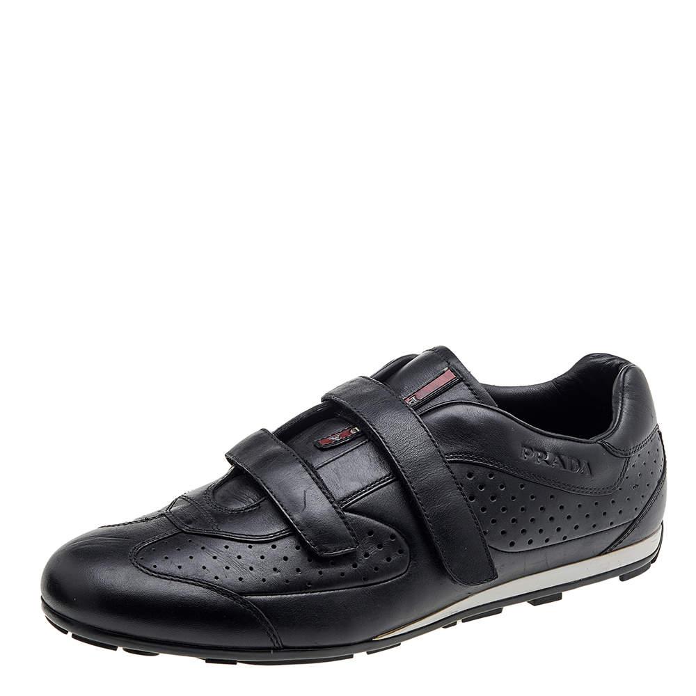 Men's Prada Sport Black Leather Double Velcro Strap Slip On Sneakers Size 46