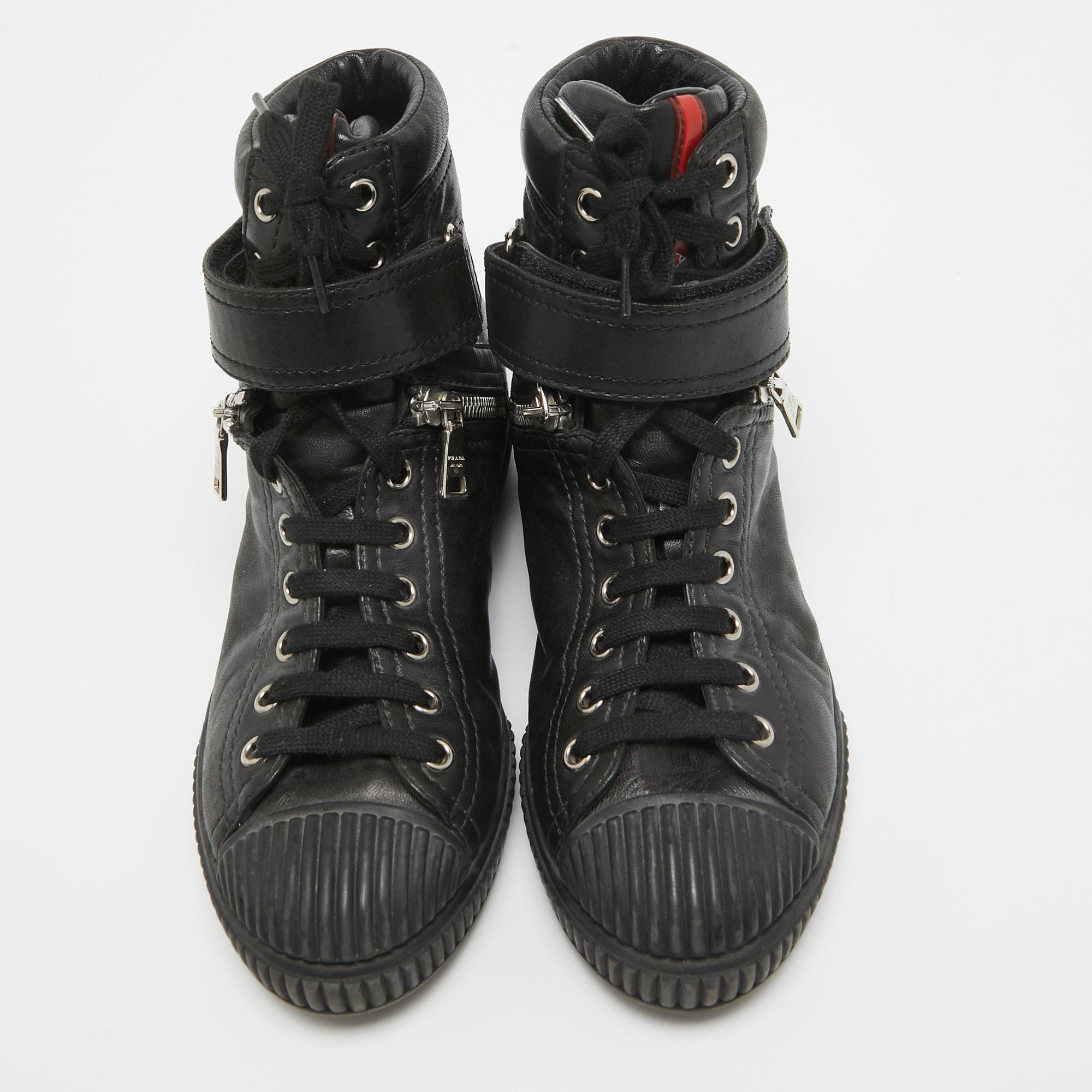 Prada Sport Black Leather High Top Sneakers Size 36.5 In Good Condition In Dubai, Al Qouz 2