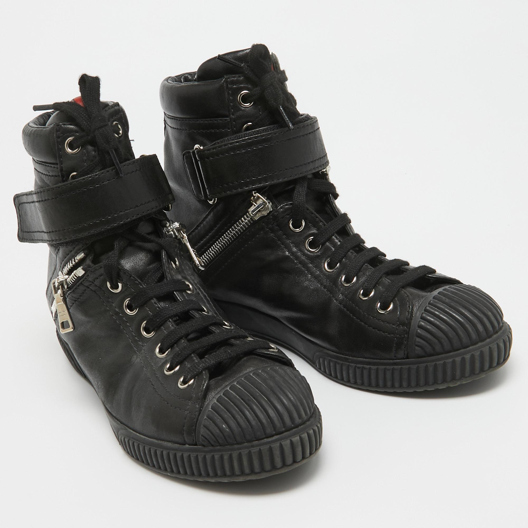 Women's Prada Sport Black Leather High Top Sneakers Size 36.5