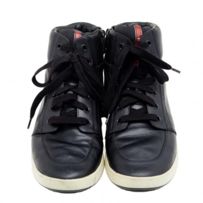 Men's Prada Sport Black Leather High Top Sneakers Size 44 For Sale