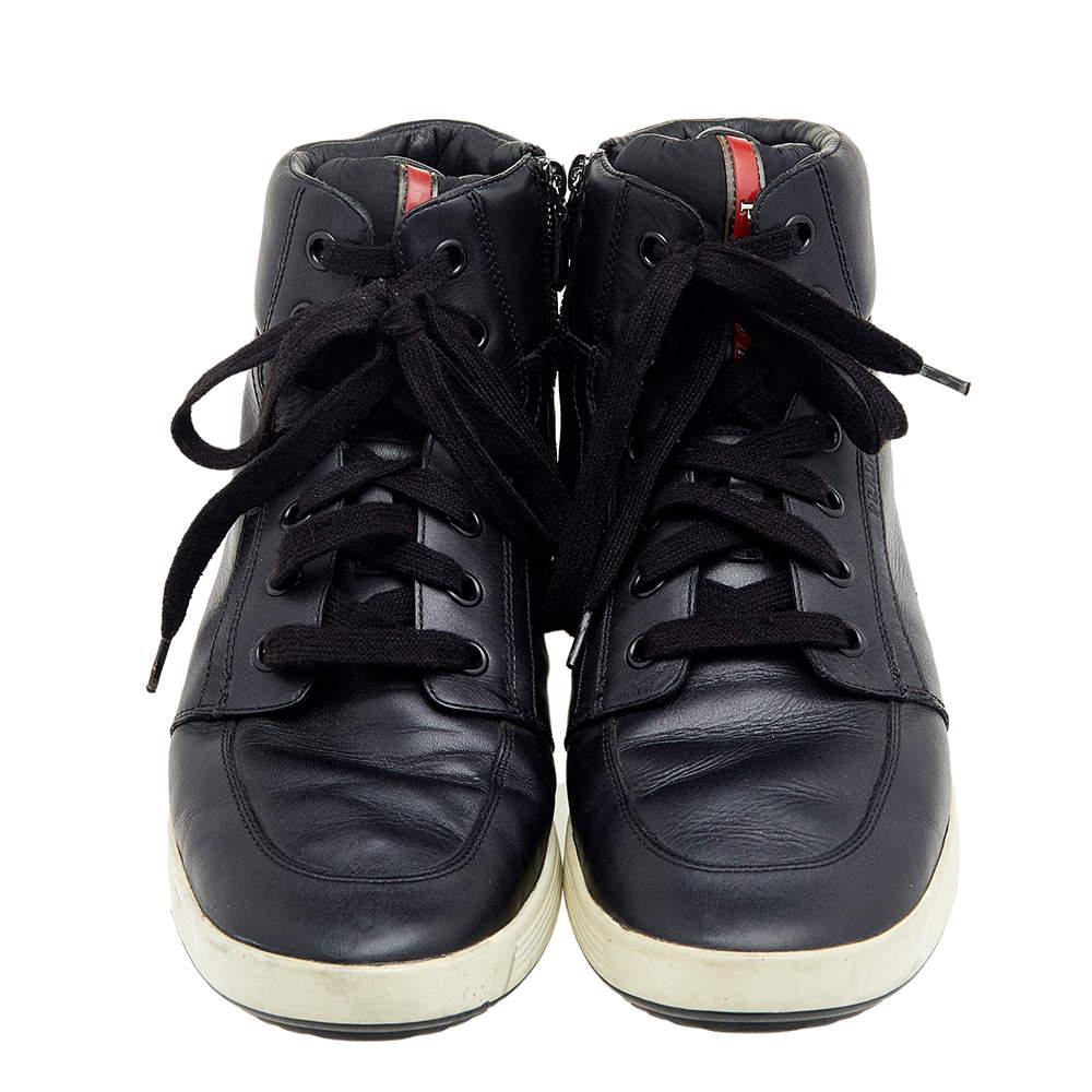 Women's or Men's Prada Sport Black Leather High Top Sneakers Size 44 For Sale