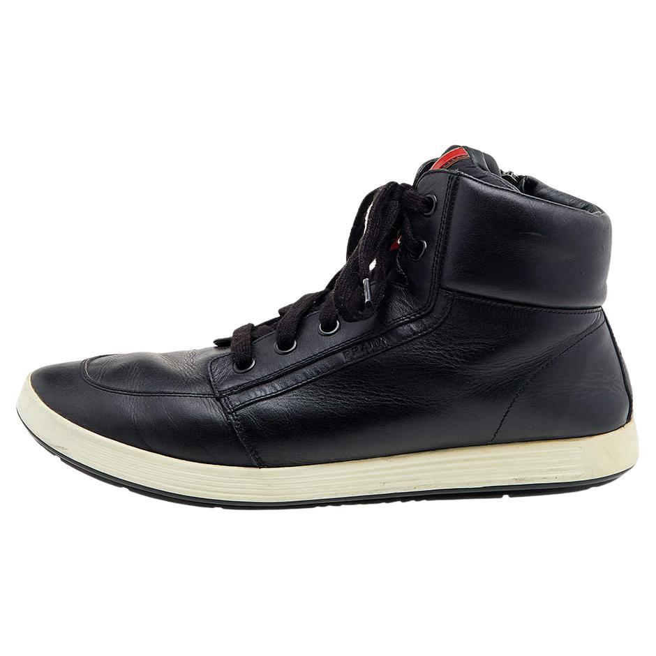 Prada Sport Black Leather High Top Sneakers Size 44 For Sale
