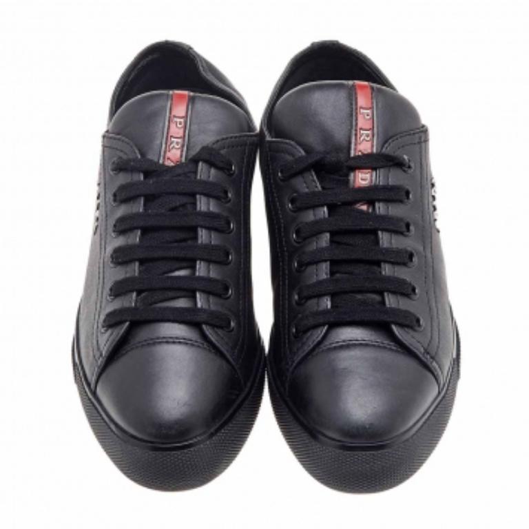 Women's Prada Sport Black Leather Low Top Sneakers Size 35 For Sale