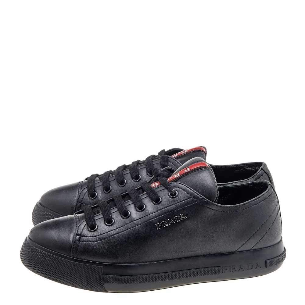 Prada Sport Black Leather Low Top Sneakers Size 35 For Sale 2