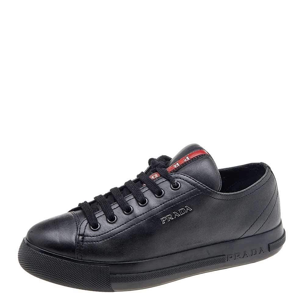Prada Sport Black Leather Low Top Sneakers Size 35 For Sale 3