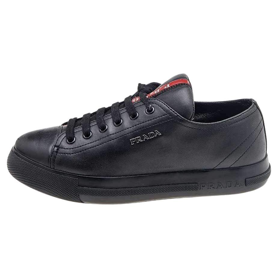 Prada Sport Black Leather Low Top Sneakers Size 35 For Sale