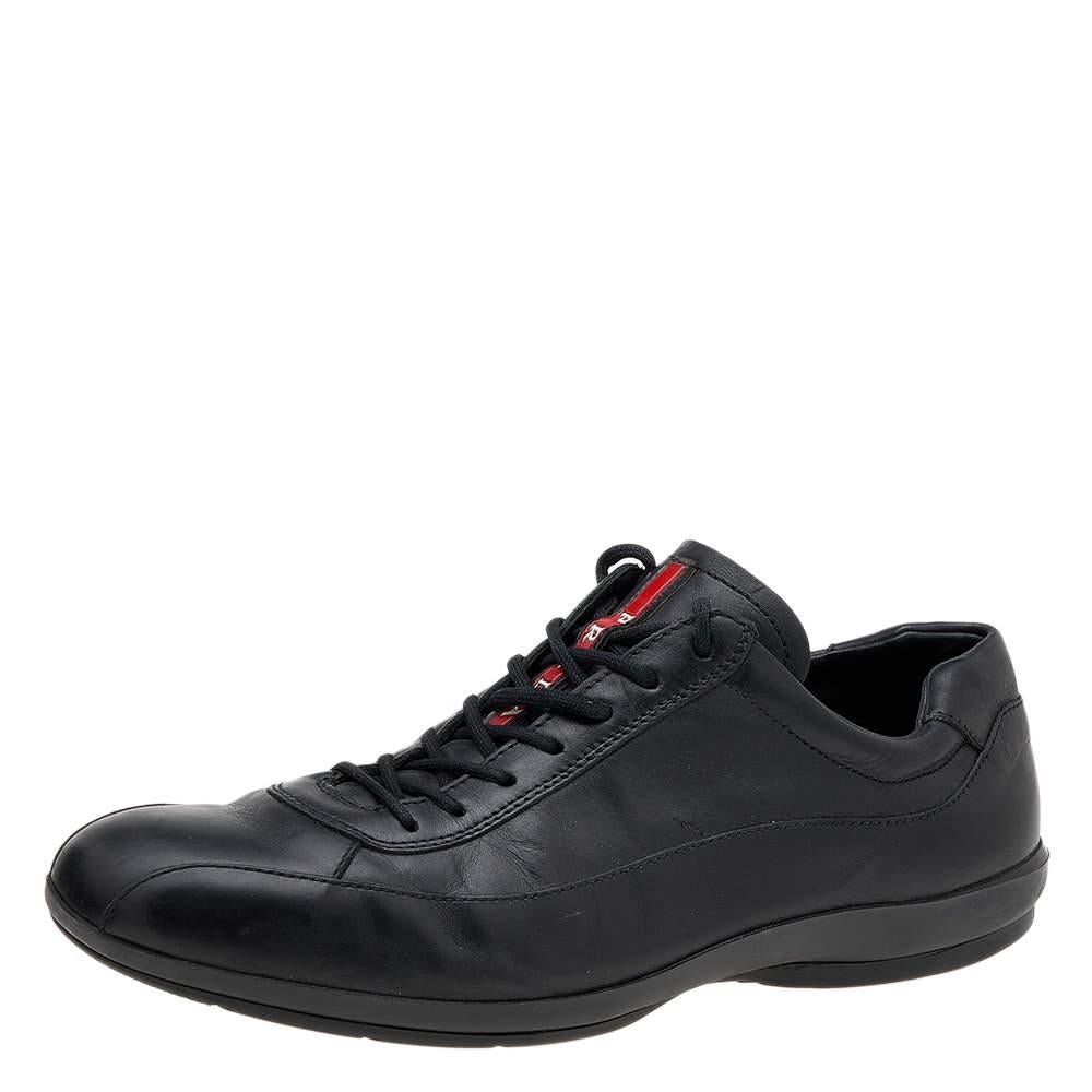 Prada Sport Black Leather Low Top Sneakers Size 43 For Sale 2