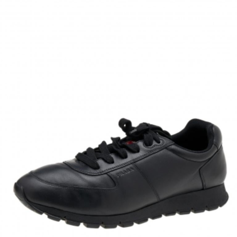 Men's Prada Sport Black Leather Low Top Sneakers Size 43.5 For Sale
