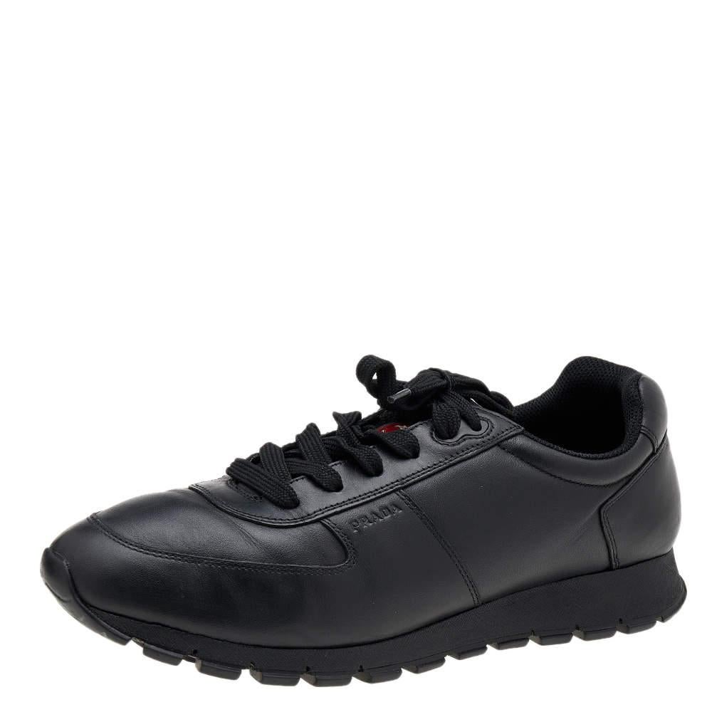 Prada Sport Black Leather Low Top Sneakers Size 43.5 For Sale 1
