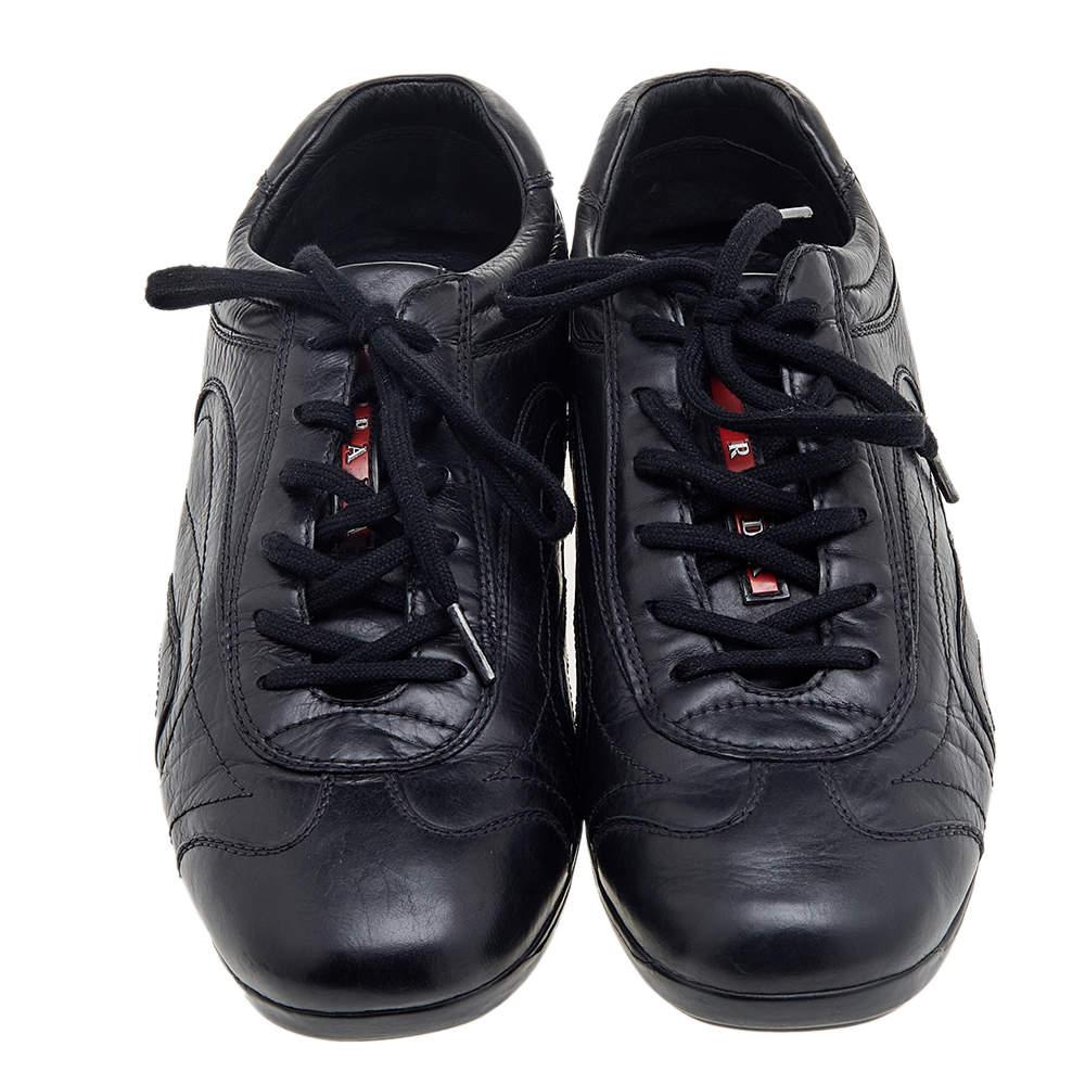 Prada Sport Black Leather Low Top Sneakers Size 43.5 For Sale 1