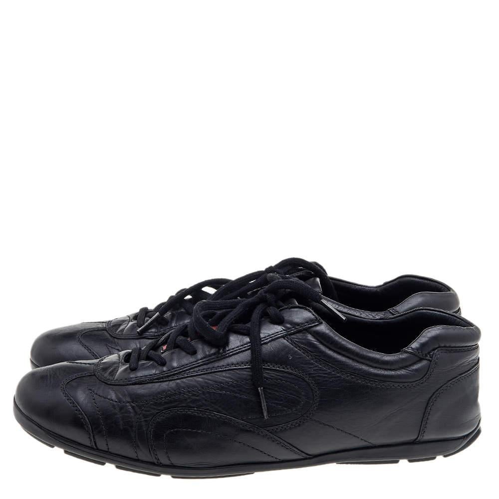 Prada Sport Black Leather Low Top Sneakers Size 43.5 For Sale 2