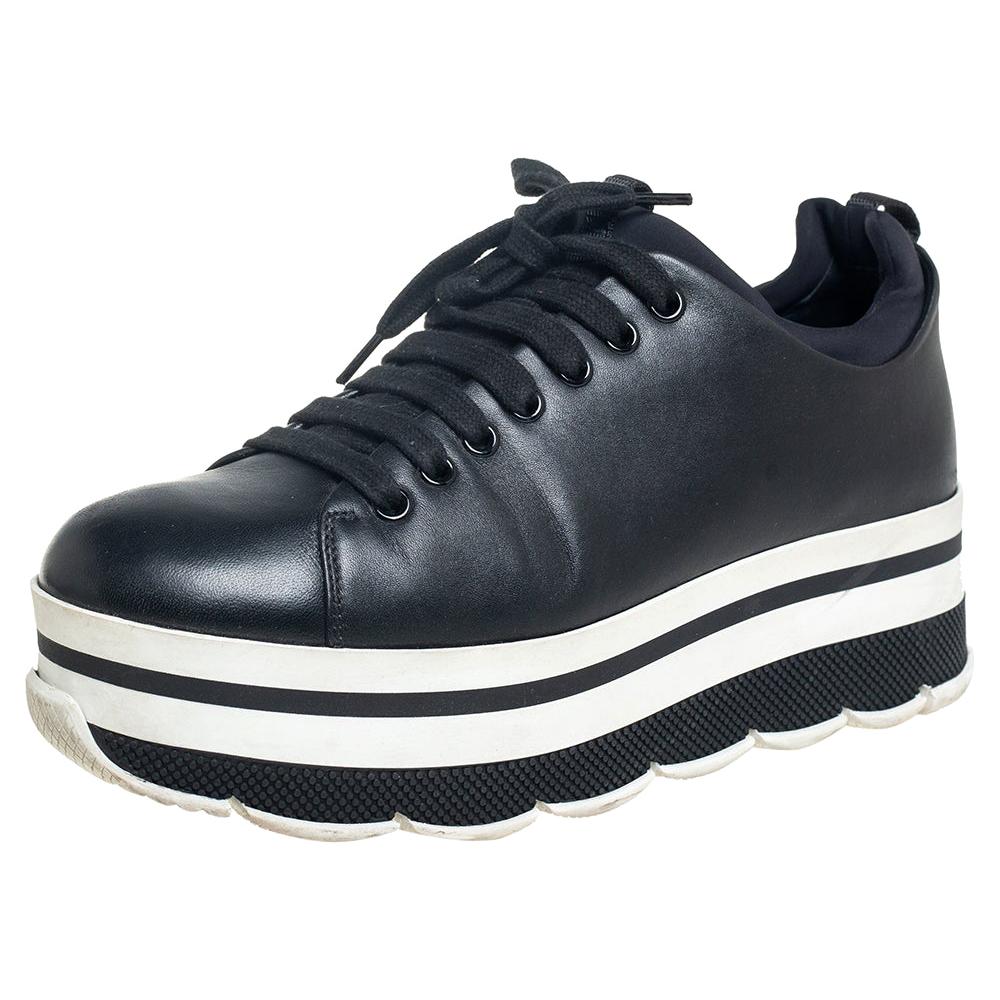Prada Sport Black Leather Platform Sneakers Size 38