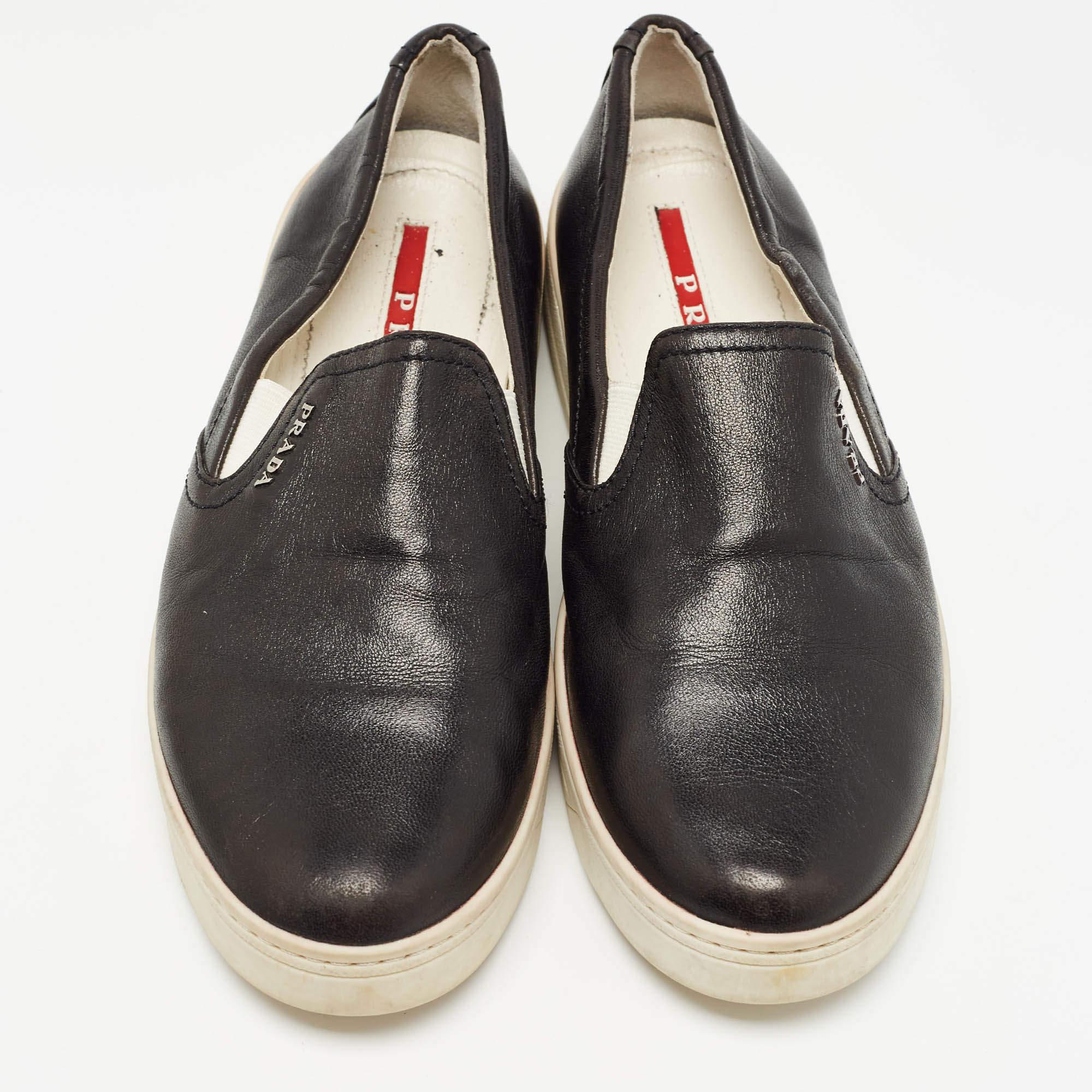 Beige Prada Sport Black Leather Slip On Sneakers Size 37