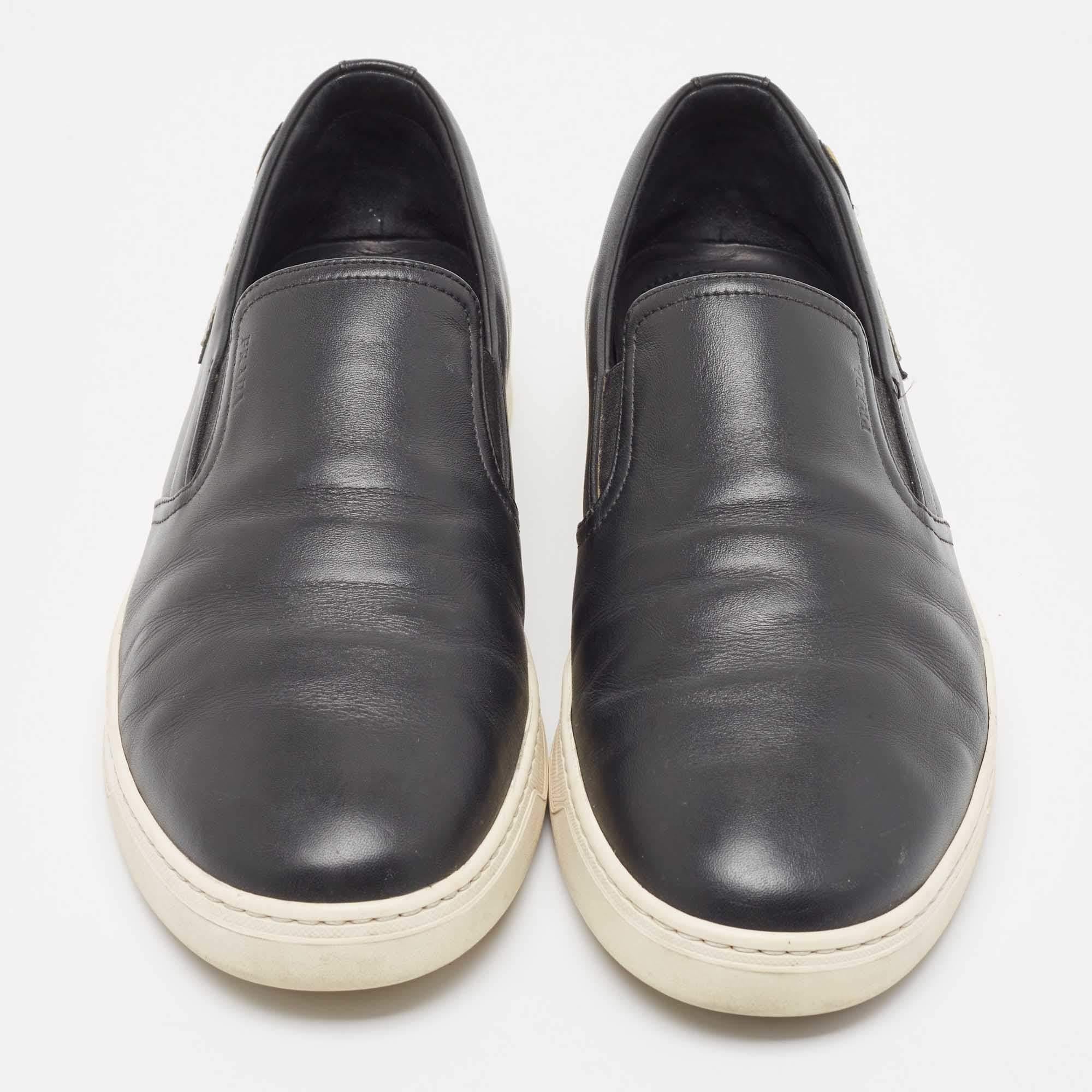 Beige Prada Sport Black Leather Slip On Sneakers Size 42.5