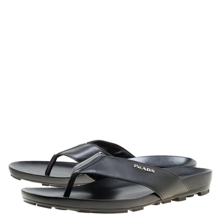 Prada Sport Black Leather Thong Sandals Size 45 For Sale at 1stDibs