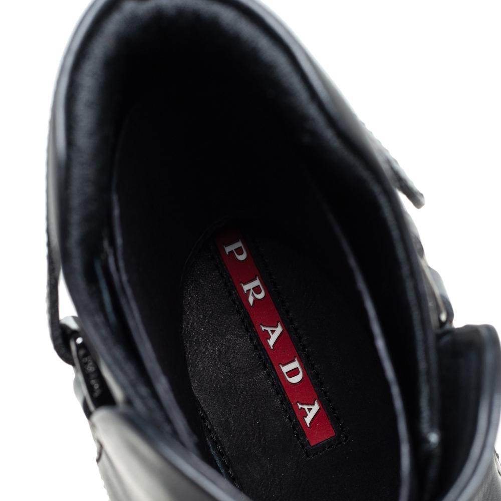 Prada Sport Black Leather Velcro Strap Ankle Boots Size 42 In Good Condition In Dubai, Al Qouz 2