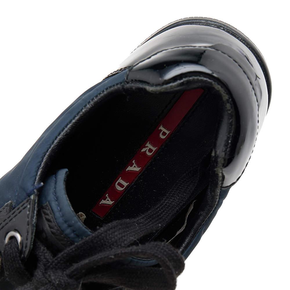 Prada Sport Black/Navy Blue Patent Leather And Nylon Low Top Sneakers Size 38 For Sale 1