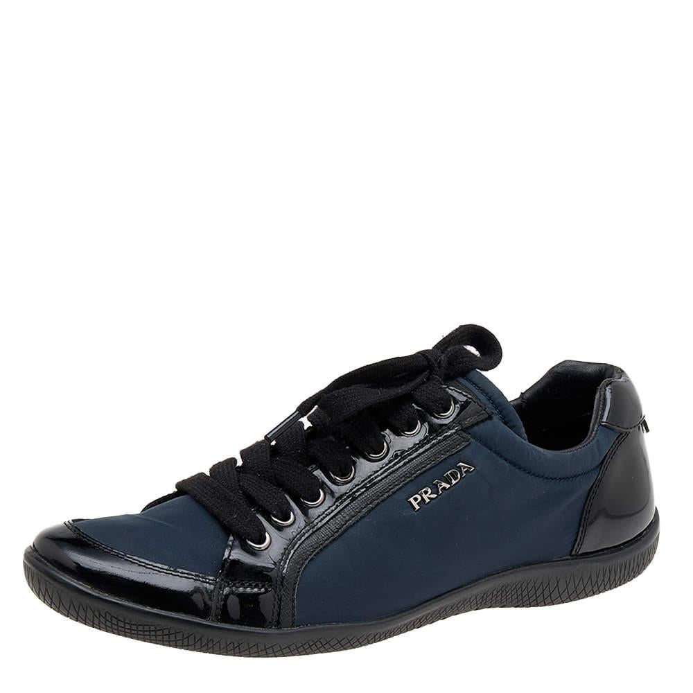 Prada Sport Black/Navy Blue Patent Leather And Nylon Low Top Sneakers Size 38 For Sale 4
