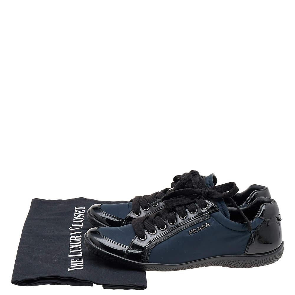 Prada Sport Black/Navy Blue Patent Leather And Nylon Low Top Sneakers Size 38 For Sale 5