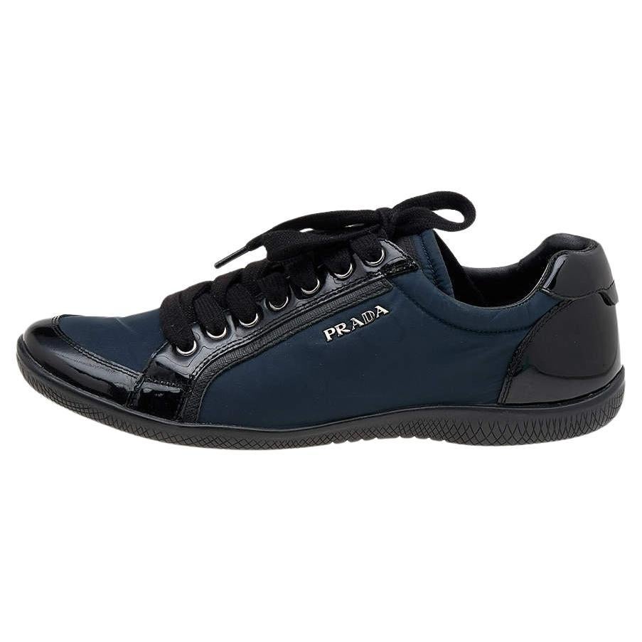 Prada Sport Black/Navy Blue Patent Leather And Nylon Low Top Sneakers Size 38 For Sale