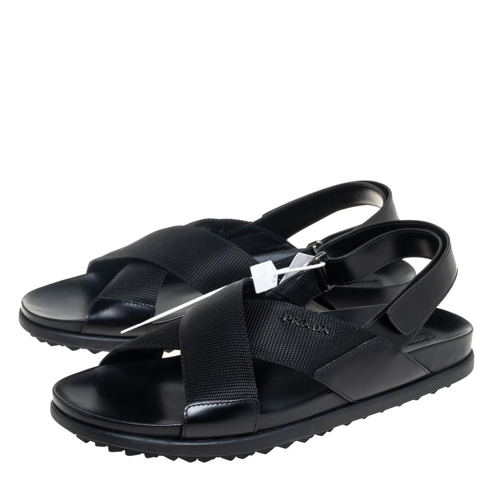 Men's Prada Sport Black Nylon And Leather Flat Slingback Sandals Size 40