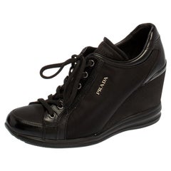 Prada Sport Black Nylon And Leather Wedge Lace Up Sneakers Size 40