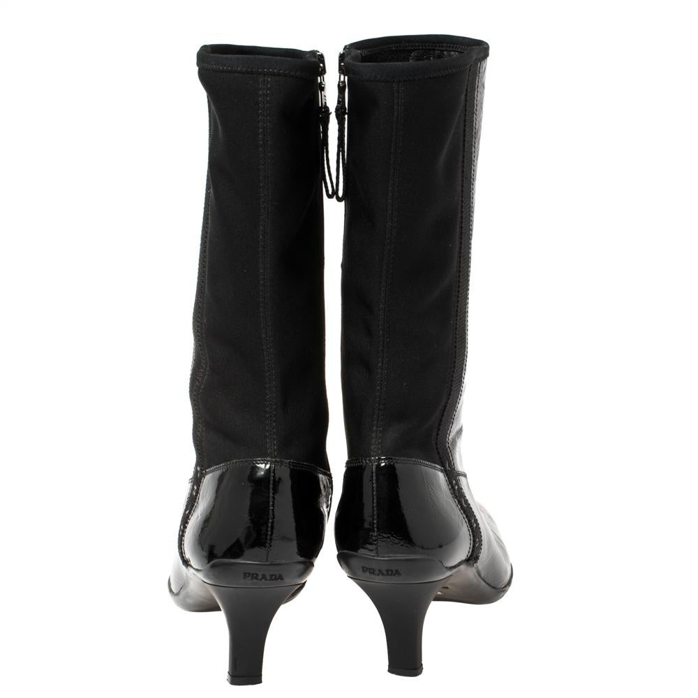 Women's Prada Sport Black Patent Leather And Fabric Mid-Length Boots Size 39.5