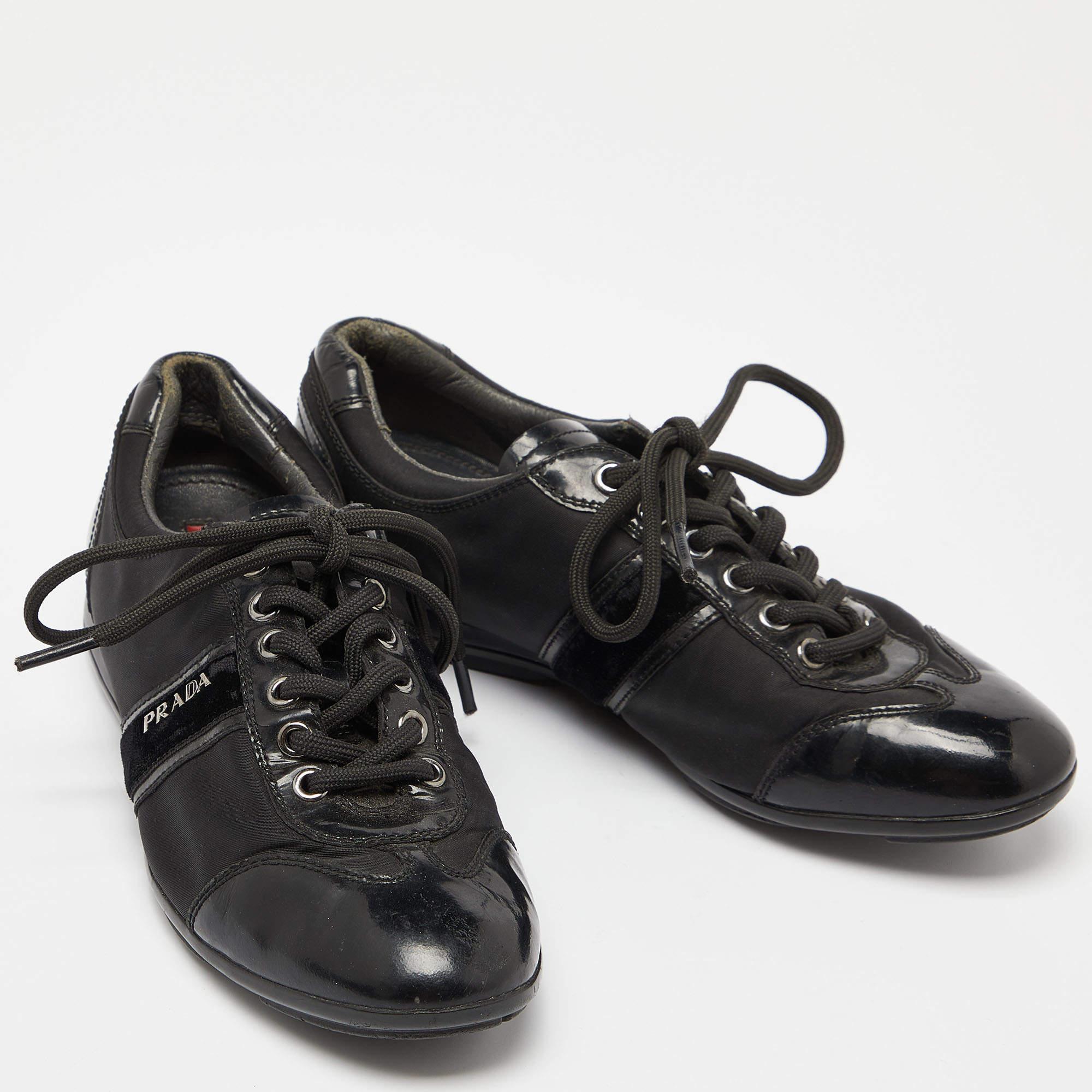 Women's Prada Sport Black Patent Leather and Nylon Low Top Sneakers Size 35.5 For Sale
