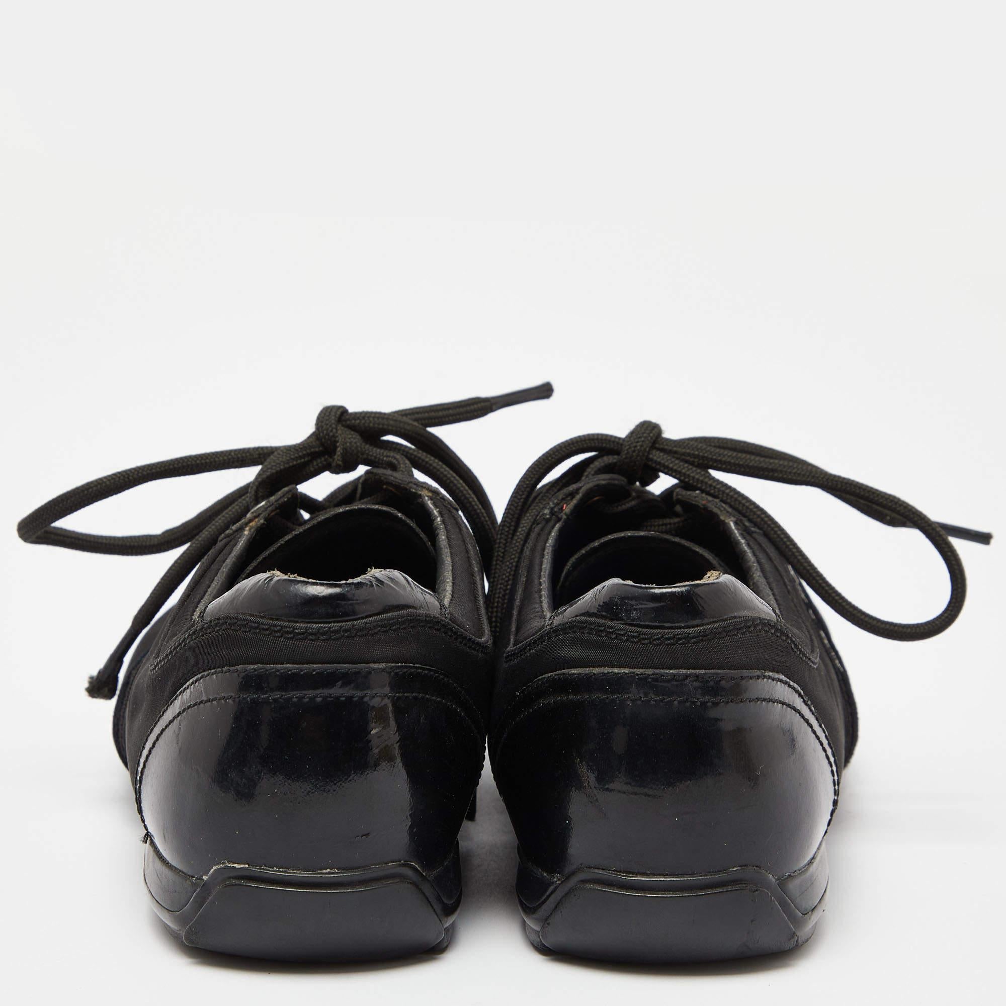 Prada Sport Black Patent Leather and Nylon Low Top Sneakers Size 35.5 For Sale 1