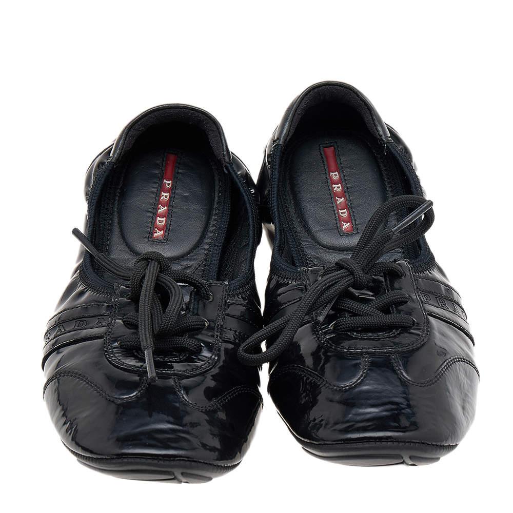 Prada Sport Black Patent Leather Lace Up Ballet Flats Size 36.5 In Good Condition In Dubai, Al Qouz 2