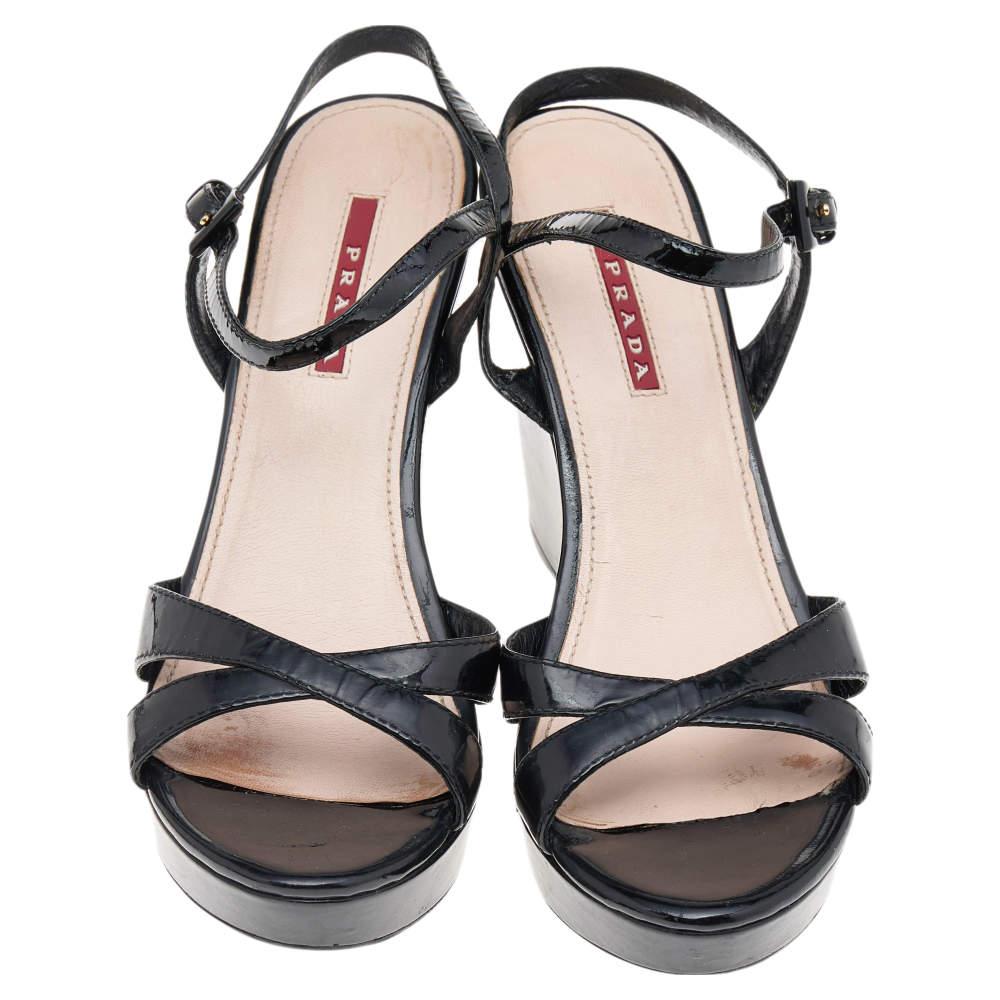 Prada Sport Black Patent Leather Wedge Platform Ankle Strap Sandals Size 38 In Good Condition In Dubai, Al Qouz 2