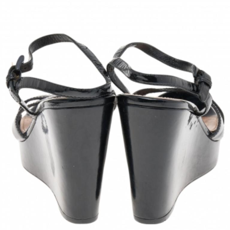 Prada Sport Black Patent Leather Wedge Platform Ankle Strap Sandals Size 38 In Fair Condition In Dubai, Al Qouz 2
